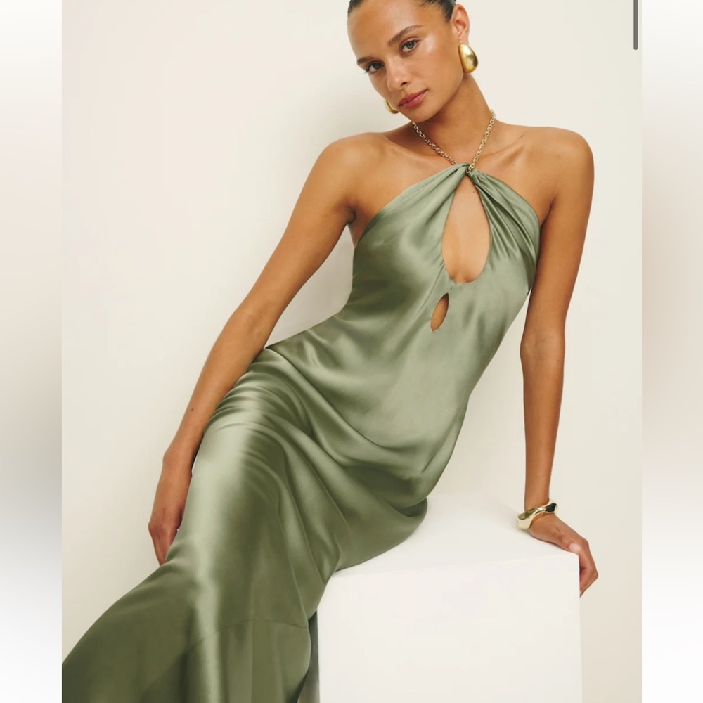 Reformation Yesenia Silk Dress in Artichoke